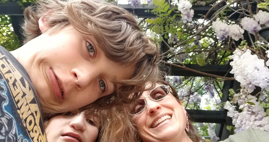 Mom and boys at the physics garden.
